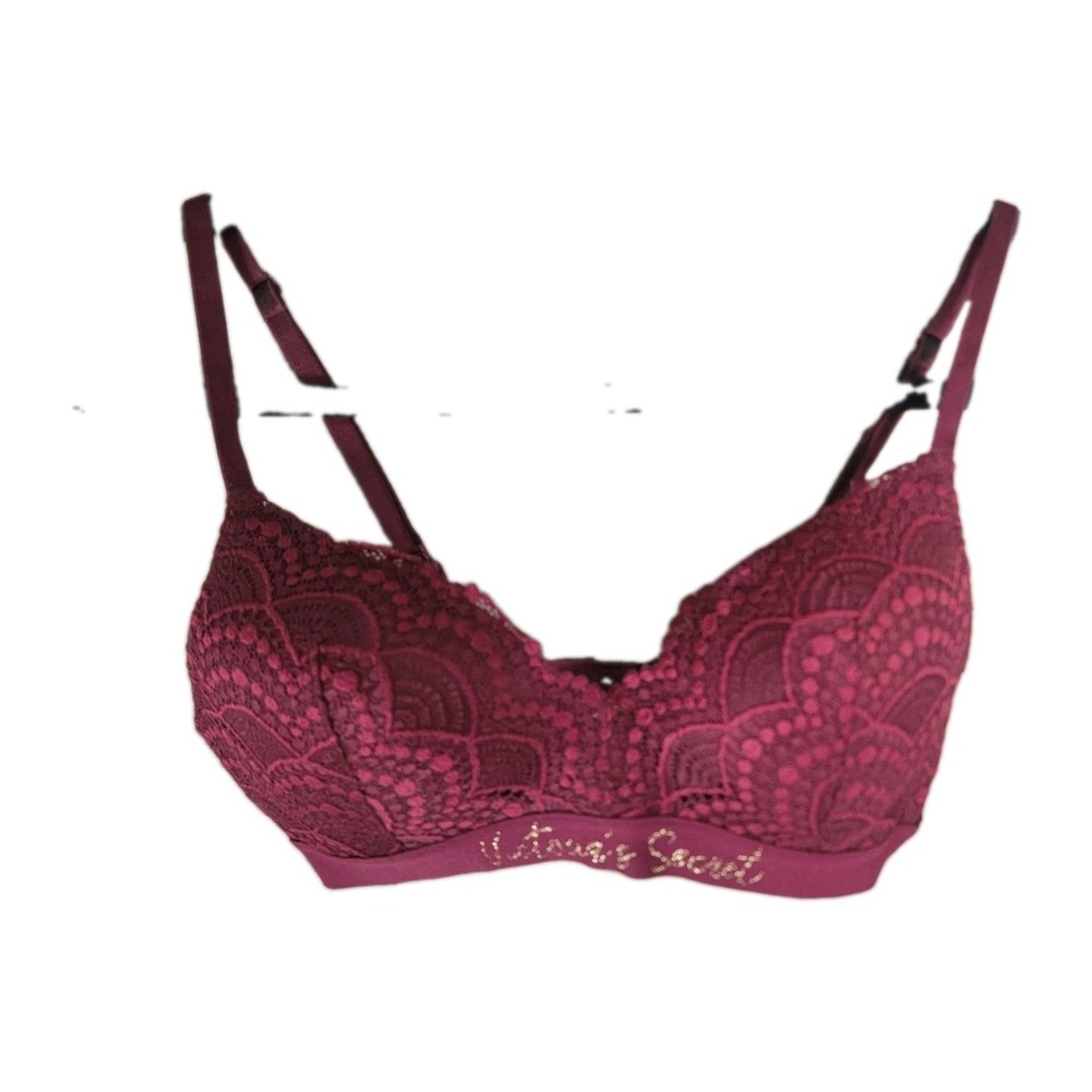 Victorias Secret Bra 32C Berry Plum Lace Wireless Lined Plunge Shimmer Bralette